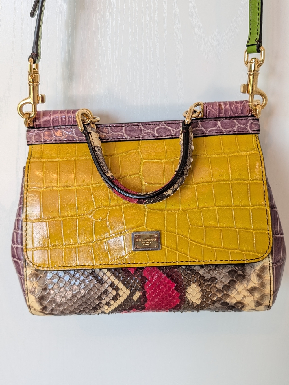 Dolce & Gabbana Small Yellow Croc-Embossed & Snakeskin Top-Handle Bag